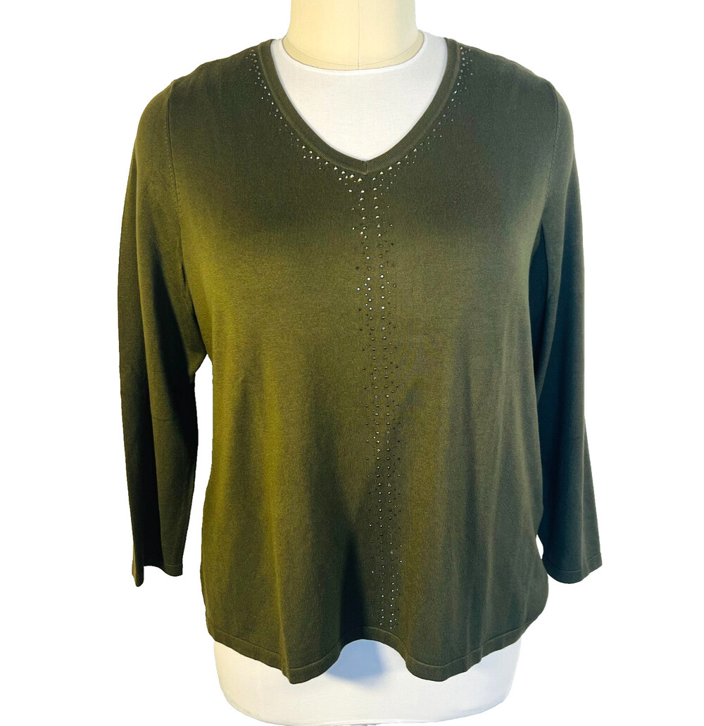 Chico's - NWT Women's XXL Sweater Beaded VNeck Olive Green Long Sleeve